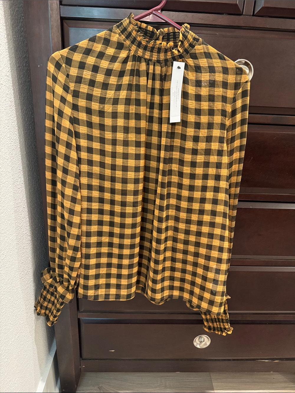 NWT English Factory Black and Mustard Check Smocked Neck Blouse